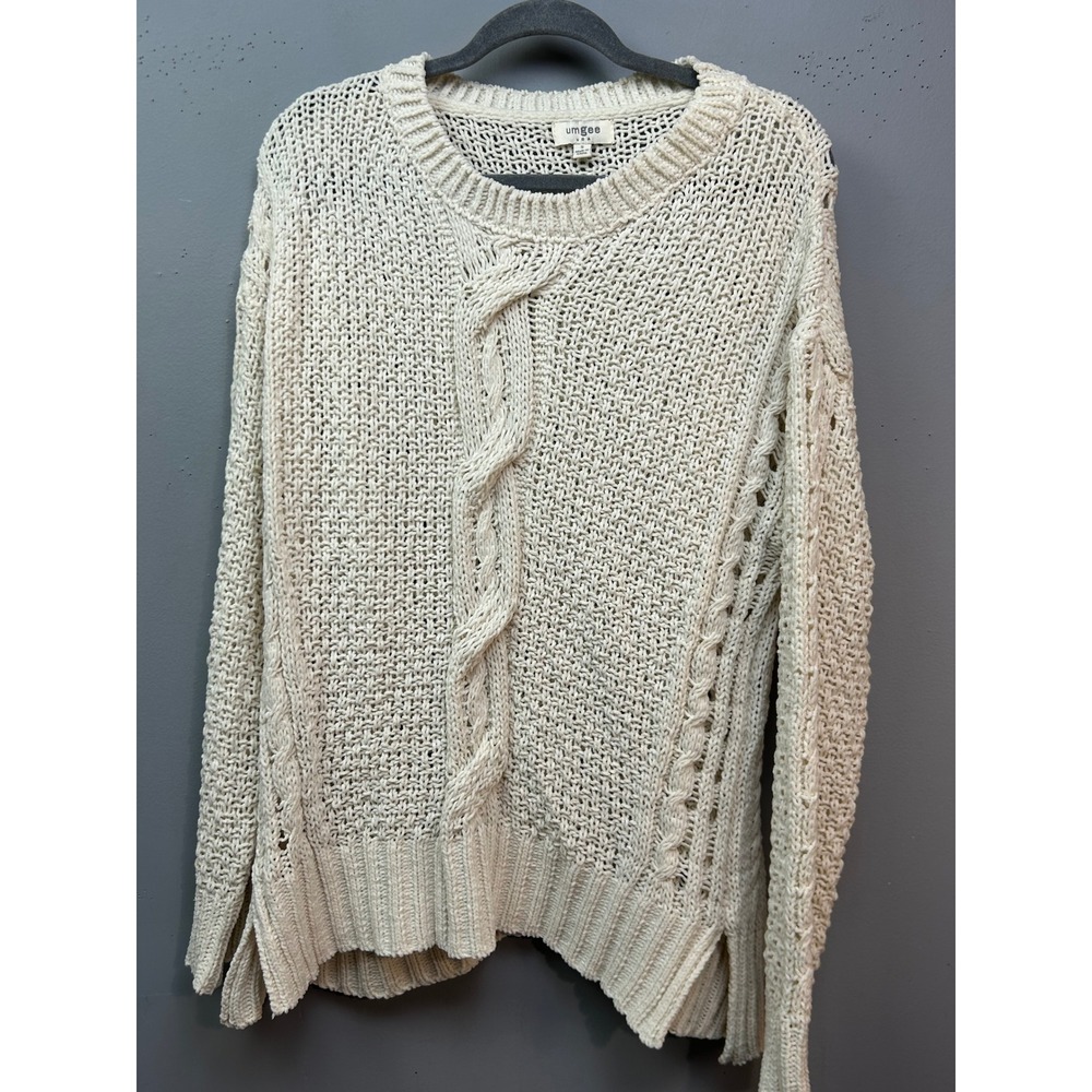 Umgee Sweater Womens Small Cream Cable Knit Chenille Open Weave Pullover Neutral
